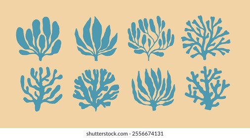 Underwater plants set. Seaweed, algae, coral reef flora, sea weed silhouettes. Ocean botanical design elements, marine floral leaves patterns, natural shapes. Isolated flat vector illustrations