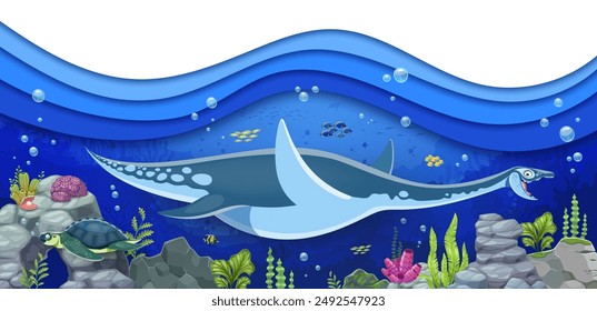 Underwater plesiosaurus dinosaur in paper cut prehistoric ocean landscape, vector background. Jurassic park extinct marine reptile lizard or plesiosaurus dinosaur with cartoon undersea dino creatures