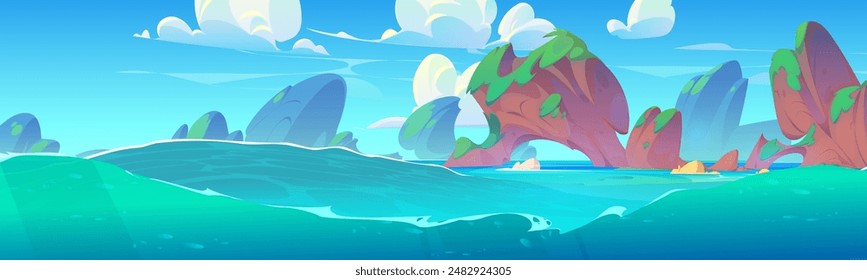 Unterwasserblick auf die tropische Lagunenlandschaft mit blauem Meer oder Meeresoberfläche mit Welle, Felsinseln mit grünem Gras, sonniger Himmel mit Wolken. Cartoon Vektorgrafik Sommerzeit exotische Wasserlinie.