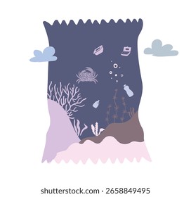 Underwater pollution scene inside a paper bag