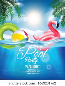 Underwater pool party composition realistic background with announcement and editable text with rubber toys and sea vector illustration