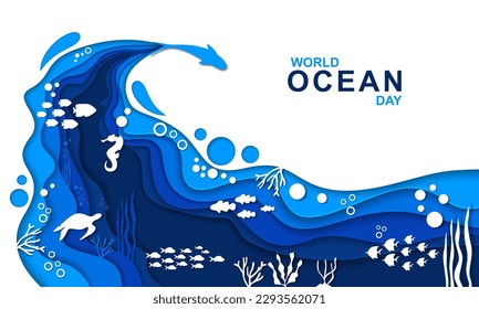 Underwater Poster world ocean day template. Paper cut Underwater sea background vector.