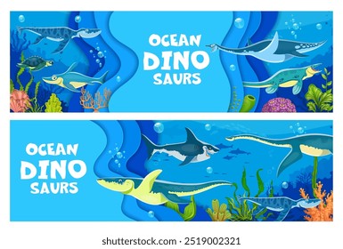 Underwater prehistoric dinosaurs and reptiles in paper cut waves. Vector 3d papercut banners feature the ocean trimming with ancient swimming dino animals, vibrant marine life and sea creatures