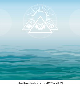 Underwater pyramids. Bermuda Triangle. Mystical symbol on a sea background.