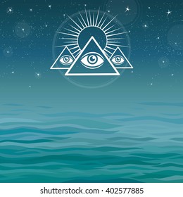 Underwater pyramids. Bermuda Triangle. Mystical symbol on a sea background.