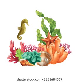 Underwater realistic composition consisting of seahorse shell starfish coral seaweed creatures vector illustration