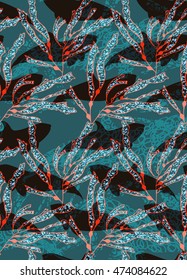Underwater red fish overlapping kelp.Seamless pattern.Ocean life fabric design.  