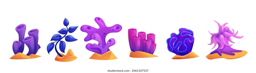 Arrecife submarino y planta de coral para el Vector oceánico. Conjunto de iconos de algas marinas aisladas. Colección de elementos de la flora submarina. Abstractas hierba del fondo marino para la fauna y la naturaleza tropical. Gráfico de vida náutica profunda