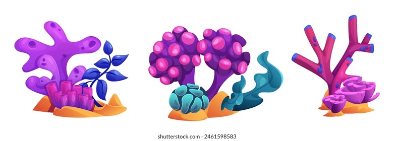 Arrecife submarino y planta de coral para el Vector oceánico. Conjunto de iconos de algas marinas aisladas. Colección de elementos de la flora submarina. Abstractas hierba del fondo marino para la fauna y la naturaleza tropical. Gráfico de vida náutica profunda