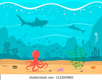 Underwater reef with fish, shark, octopus, seahorses and algae. Vector illustration. concept of the underwater world