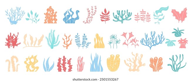 Plantas submarinas de arrecife y marinas en colores vibrantes. Flora marina variada como algas, algas, algas con Elementos de diseño. Hermosos iconos de la vida acuática en estilo de dibujos animados.