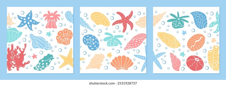 Underwater reef scene filled with marine life and colorful coral formations. Social media template post with vibrant sea creatures, seashells, and starfish in an ocean inspired design.