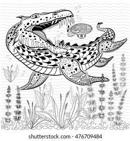 Underwater reptile monster hunts bathyscaphe in nature. Antistress Coloring Book for adults.