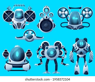 Underwater robots, cartoon submarine sea drone, ocean ROV deep water vehicles. Vector underwater robots, submersible remote control boat and futuristic bathyscaphe, undersea robotic technology