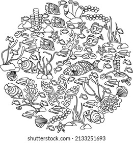 Underwater round coloring book page for adult and older children. Ocean flora and fauna in the circle shape. Hand drawn vector illustration on white background