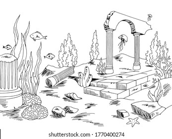 Underwater ruin graphic sea black white sketch illustration vector