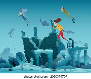 Underwater ruins of the old city. Diver explorers and reef underwater wildlife. Silhouette of coral reef with fish and scuba diver on a blue sea background. Underwater marine wildlife