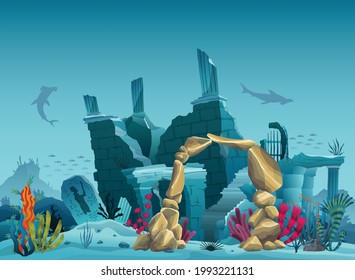 Underwater ruins of the old city and sandstone arch. Silhouette of blue sea background. Natural underwater seascape, marine wildlife. Coral reef with fish and flooded part of the old town