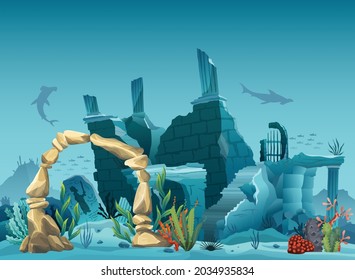 Underwater ruins of the old city and sandstone arch. Silhouette of blue sea background. Natural underwater seascape, marine wildlife. Coral reef with fish and flooded part of the old town