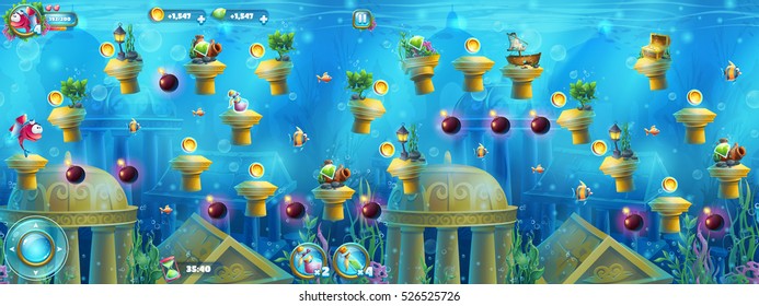 Underwater ruins with a set of elements. For print, create videos or web graphic design, user interface, card, poster.