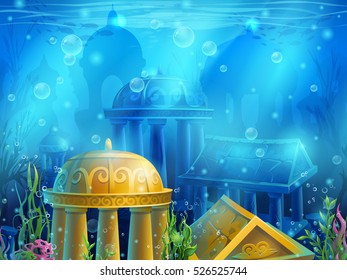 Underwater ruins with a set of elements.For print, create videos or web graphic design, user interface, card, poster.