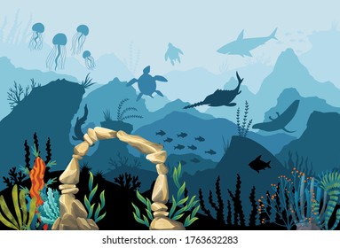 Underwater sandstone arch. Natural underwater