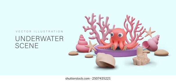 Underwater scene in 3D cartoon style. Vector composition with character