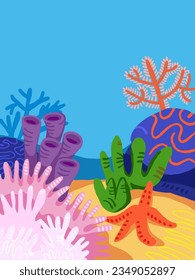 Underwater scene background with coral reads, rocks, corals, seastar. Kids illustration background under the sea. Coral reaf background in cartoon style