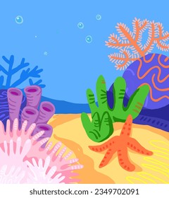 Underwater scene background with coral reads, rocks, corals, sea star, bubbles. Kids illustration background under the sea. Coral reaf background in cartoon style