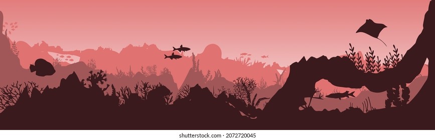 underwater scene, background from reef fish and algae. Vector