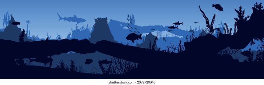 underwater scene, background from reef fish and algae. Vector