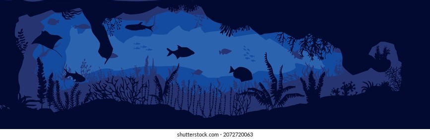 escena submarina, fondo de peces de arrecife y algas. Vector