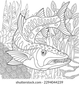 Underwater scene with a barracuda fish. Adult coloring book page with intricate mandala and zentangle elements