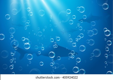 Underwater scene with bubbles, light rays and sharks silhouettes - vector illustration