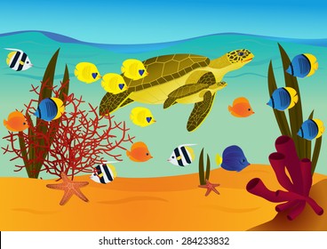 Underwater scene with cartoon turtles and fishes. eps 10 vector illustration