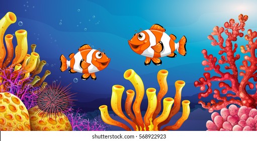 Underwater scene with clownfish and sea urchin illustration