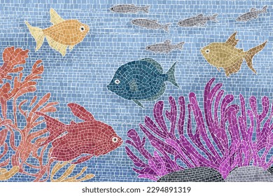 Underwater scene with colored fishes and plants, aquarium background vector graphic mosaic 