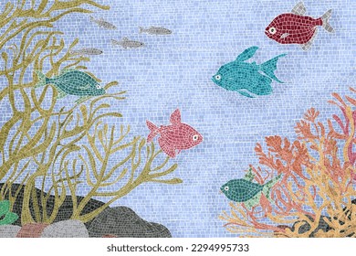 Escena submarina con peces y plantas de colores, mosaico gráfico vectorial de fondo acuario 