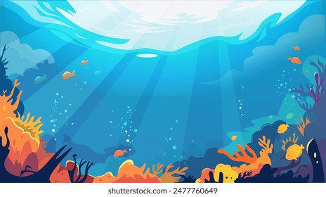 Escena submarina con coloridos arrecifes de coral y peces. Estilo de dibujos animados. Fondo azul brillante. Concepto de vida marina. Ilustración vectorial