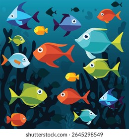 Underwater scene with colorful coral reefs and fish. Cartoon style. Bright blue background. Concept of marine life. Vector illustration
