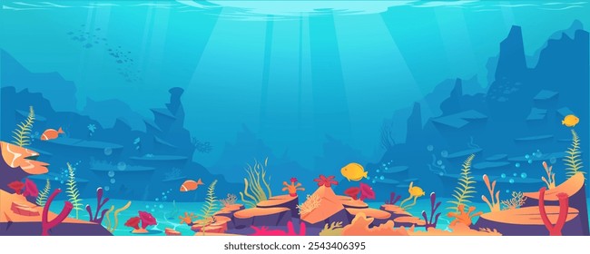 Escena submarina con peces coloridos y arrecifes de coral. Ilustración vectorial