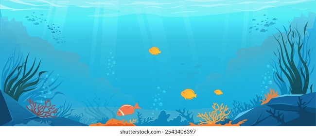 Cena subaquática com peixes coloridos e recifes de coral. Ilustração vetorial