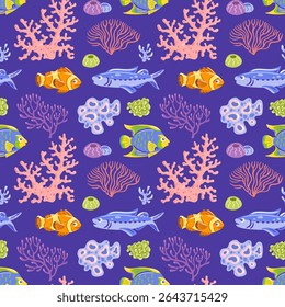 underwater scene with colorful fish and coral reefs, seamless pattern. illustration features a variety of marine life, including orange and blue fish, as well as intricate coral formations in shades