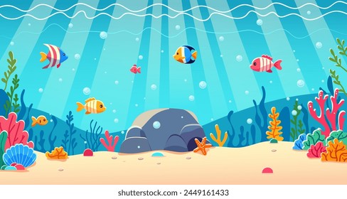 Underwater scene with colorful fish, plants, and a starfish, cartoon style, on a light blue background, concept of marine life. Vector illustration