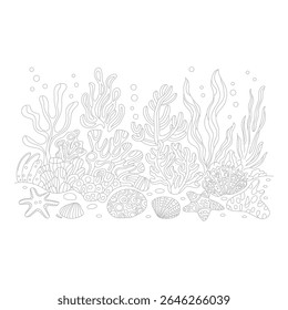 Cena subaquática com recife de coral e vida marinha em estilo de esboço