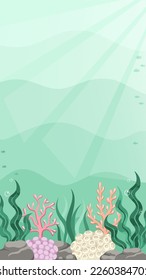 Underwater scene with coral reef and seaweed backdrop. Marine life vector design template. Backgrounds with copy space for text for banners, social media stories