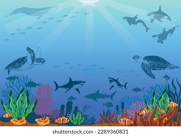 Underwater scene with coral reefs and exotic fish.vector hand drawn sea turtle life elements