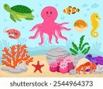 Underwater scene with corals, ocean and underwater world and sea animals cartoon. Cute animals with face for kids, illustration for education