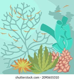 Underwater scene with corral reef on aquamarine background. Undersea flora of tropics in their natural habitat. Flat Art Vector illustration