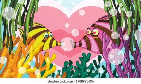 Underwater scene with couple fish in love and tropical coral reef illustration